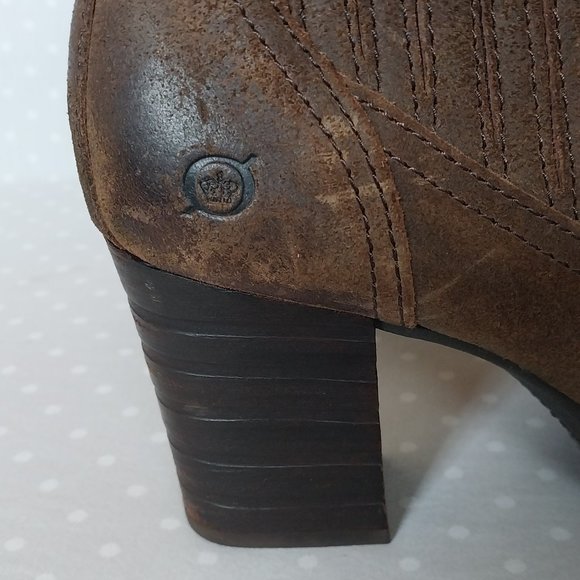 Born Brown Distressed Suede Western Inspired Stacked Heel Pull On Ankle Boots - Picture 8 of 11